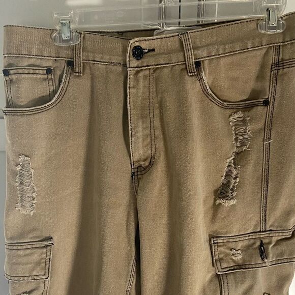 FUSAI Mens Shorts Size 34 Beige Cotton Studded Zipper Heavy Distressed Cargo - Picture 1 of 10